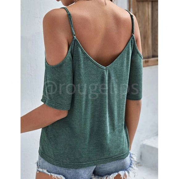 Green Casual Tee Shirt Cold Shoulder Short Sleeve - Picture 9 of 12